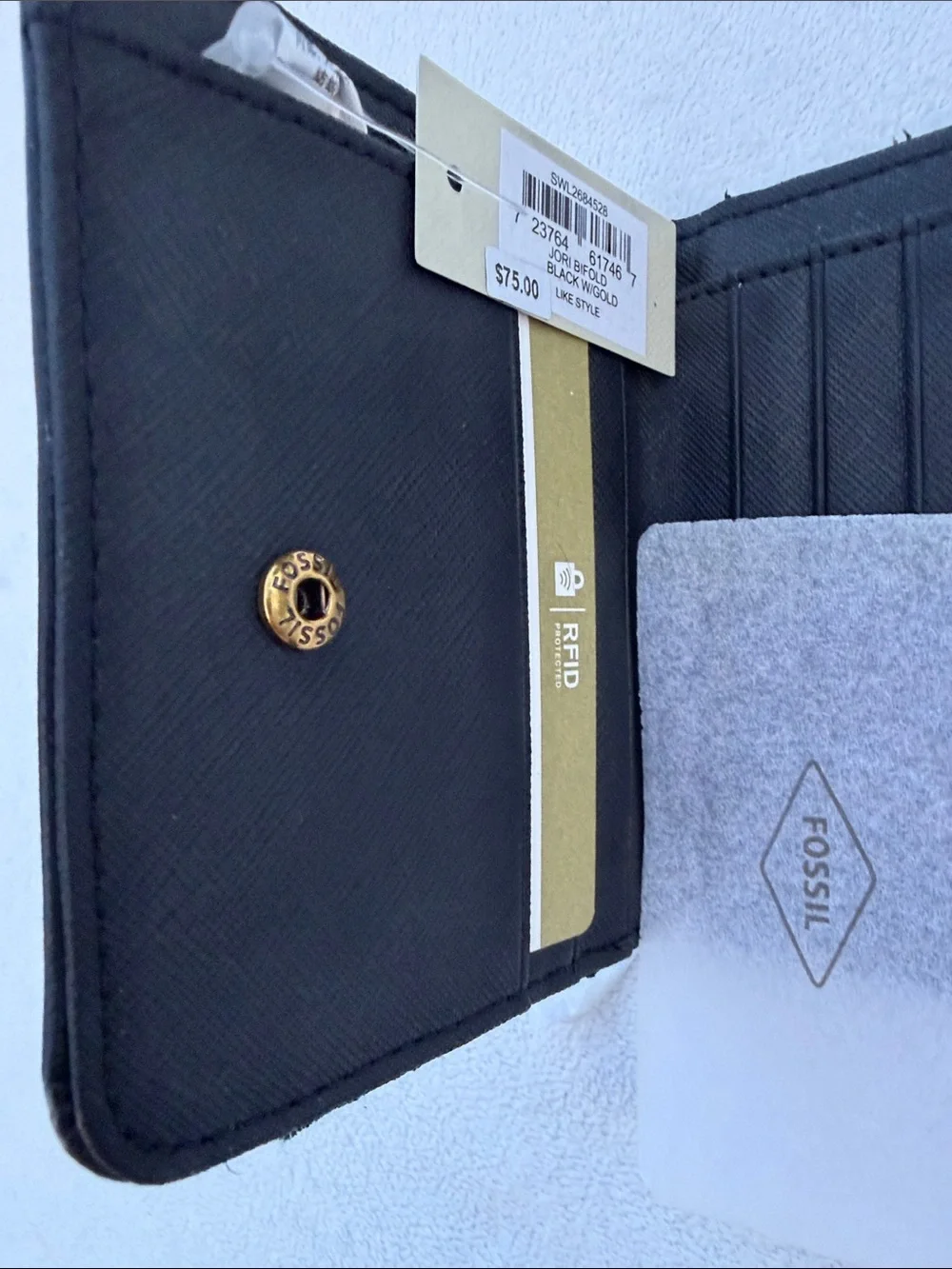 Fossil Black Quilted Zip Coin Wallet with Gold Accents